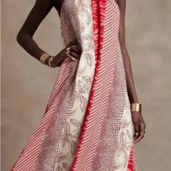 Banana Republic TWIST-NECK RED SUNSET MIDI DRESS Elegant Red and White Dress - Picture 3 of 15